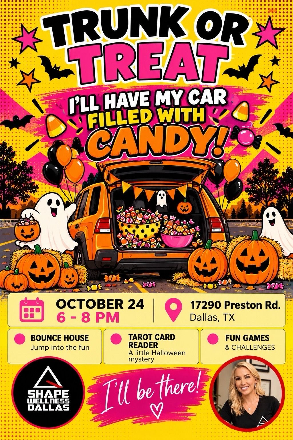 Colorful Trunk or Treat poster with decorated car, candy, Halloween graphics, and October 24 event details